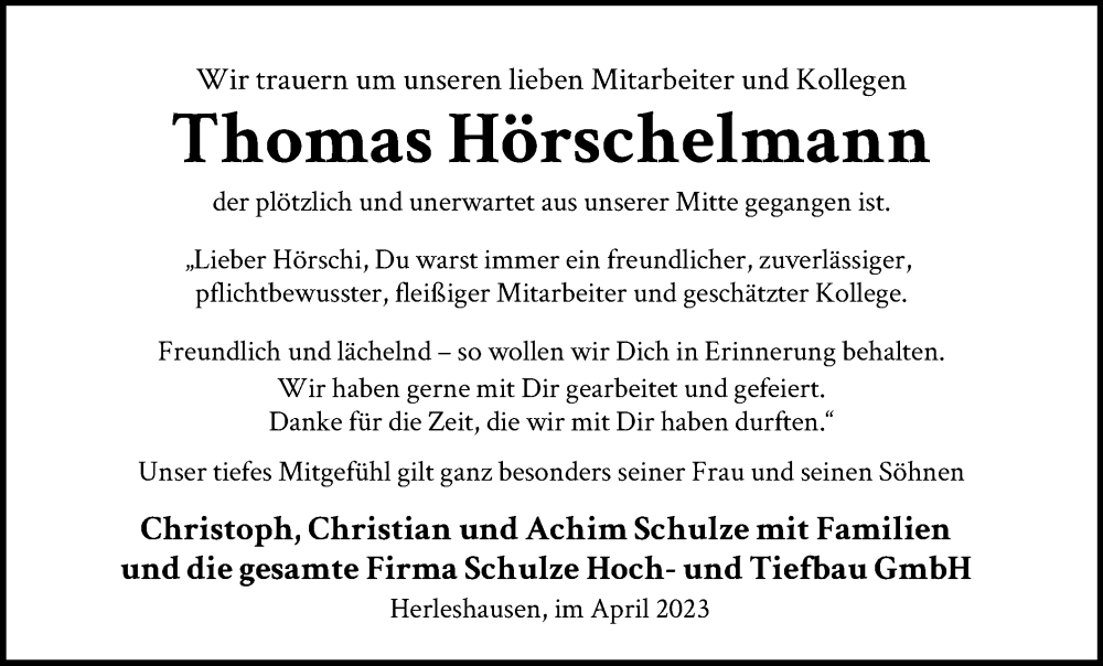  Traueranzeige für Thomas Hörschelmann vom 11.04.2023 aus WRS