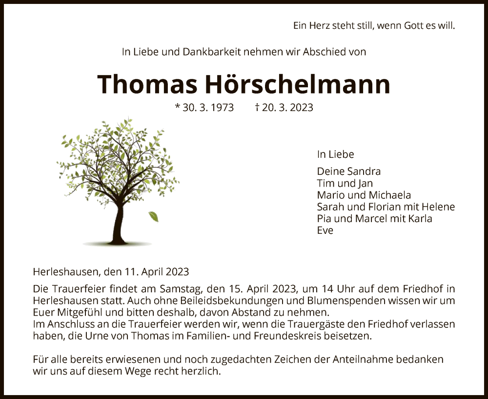  Traueranzeige für Thomas Hörschelmann vom 11.04.2023 aus WRS