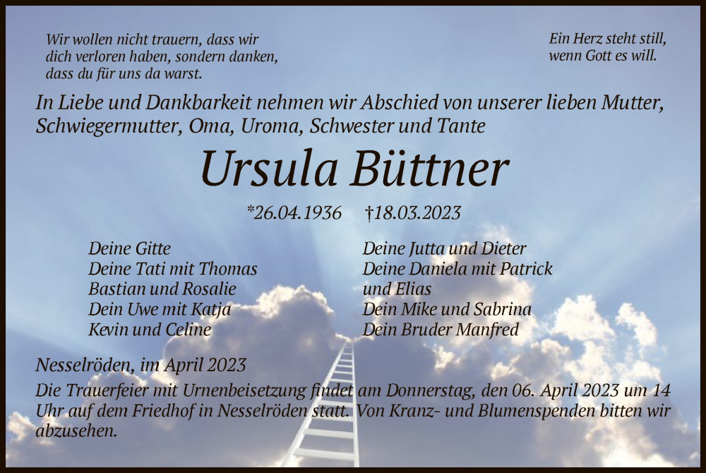  Traueranzeige für Ursula Büttner vom 04.04.2023 aus WRS