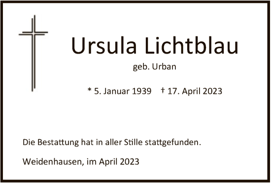 Traueranzeige von Ursula Lichtblau von WRS