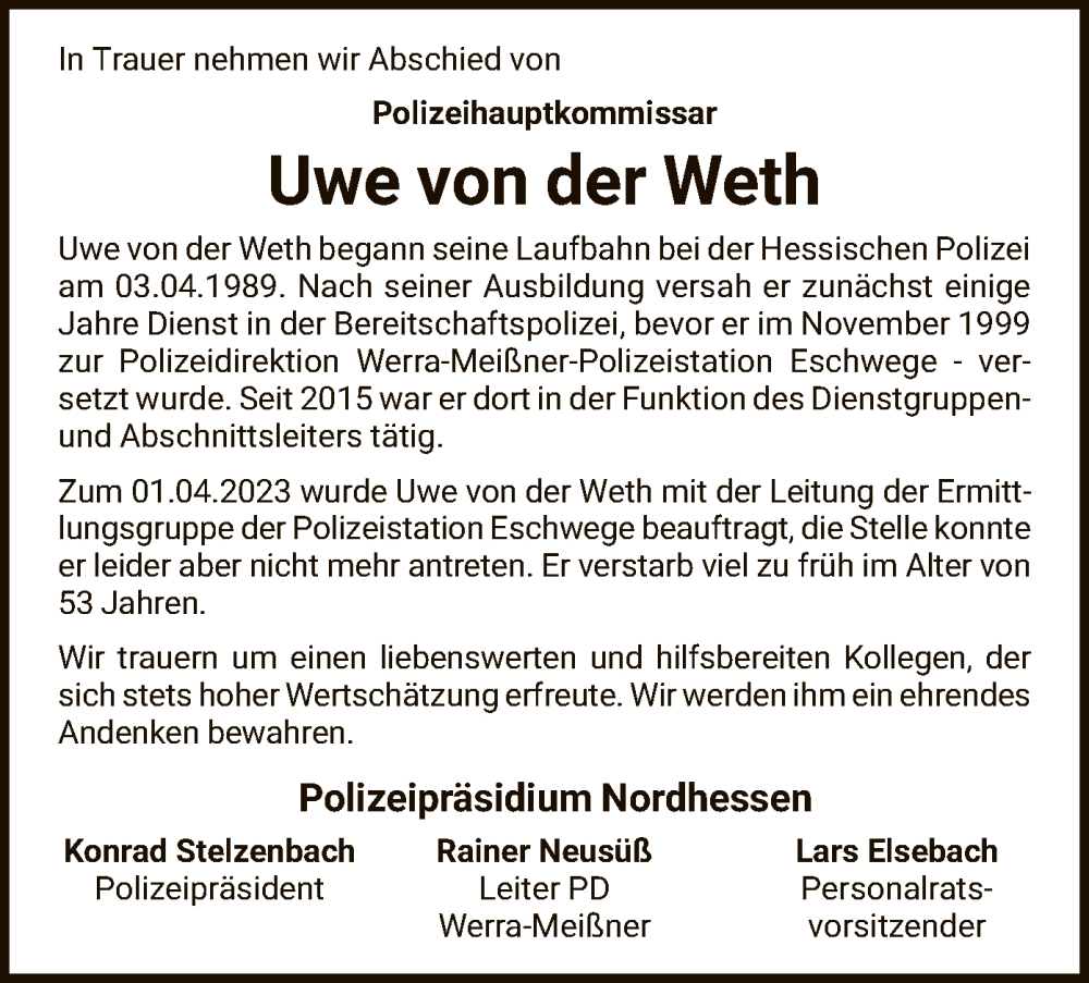  Traueranzeige für Uwe von der Weth vom 21.04.2023 aus WRS