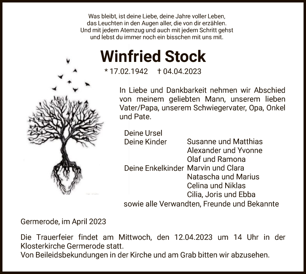  Traueranzeige für Winfried Stock vom 11.04.2023 aus WRS