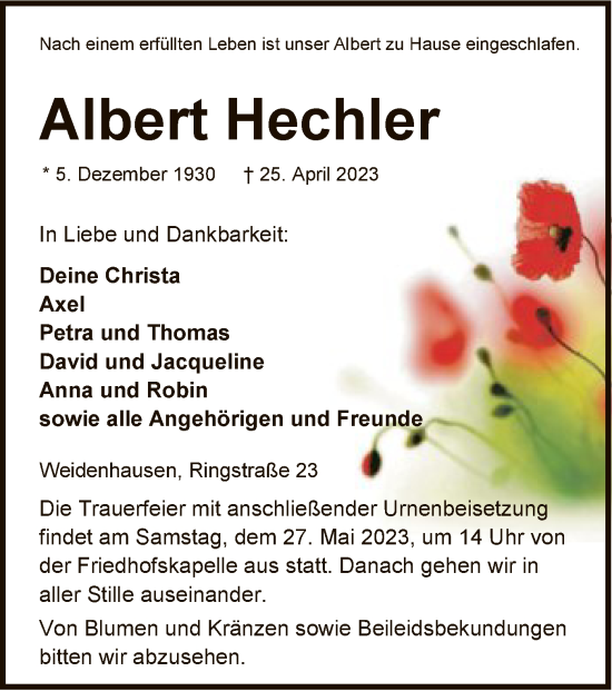 Traueranzeige von Albert Hechler von WRS