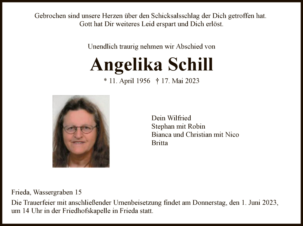  Traueranzeige für Angelika Schill vom 27.05.2023 aus WRS