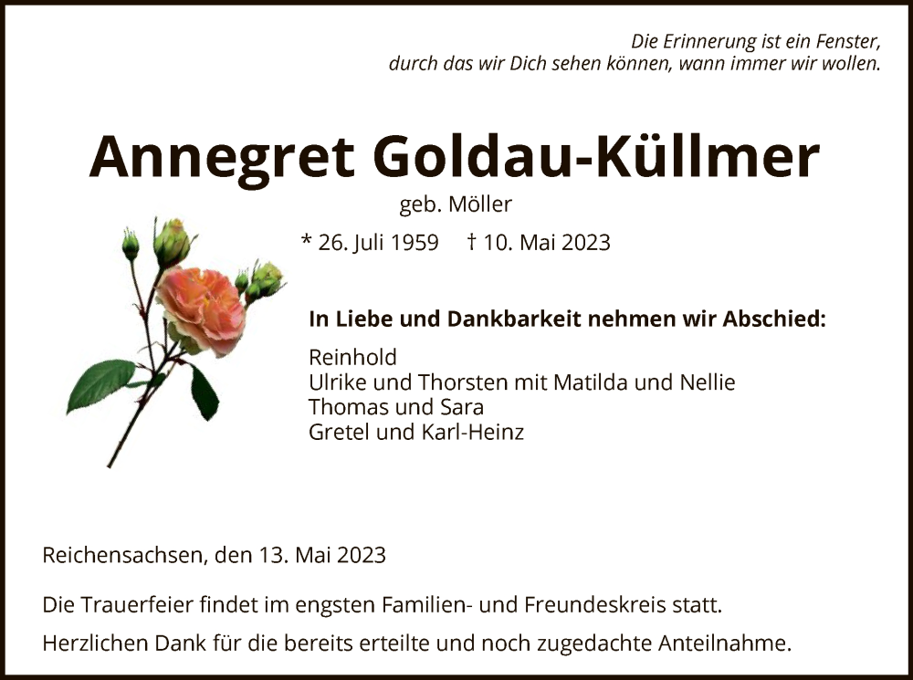  Traueranzeige für Annegret Goldau-Küllmer vom 13.05.2023 aus WRS
