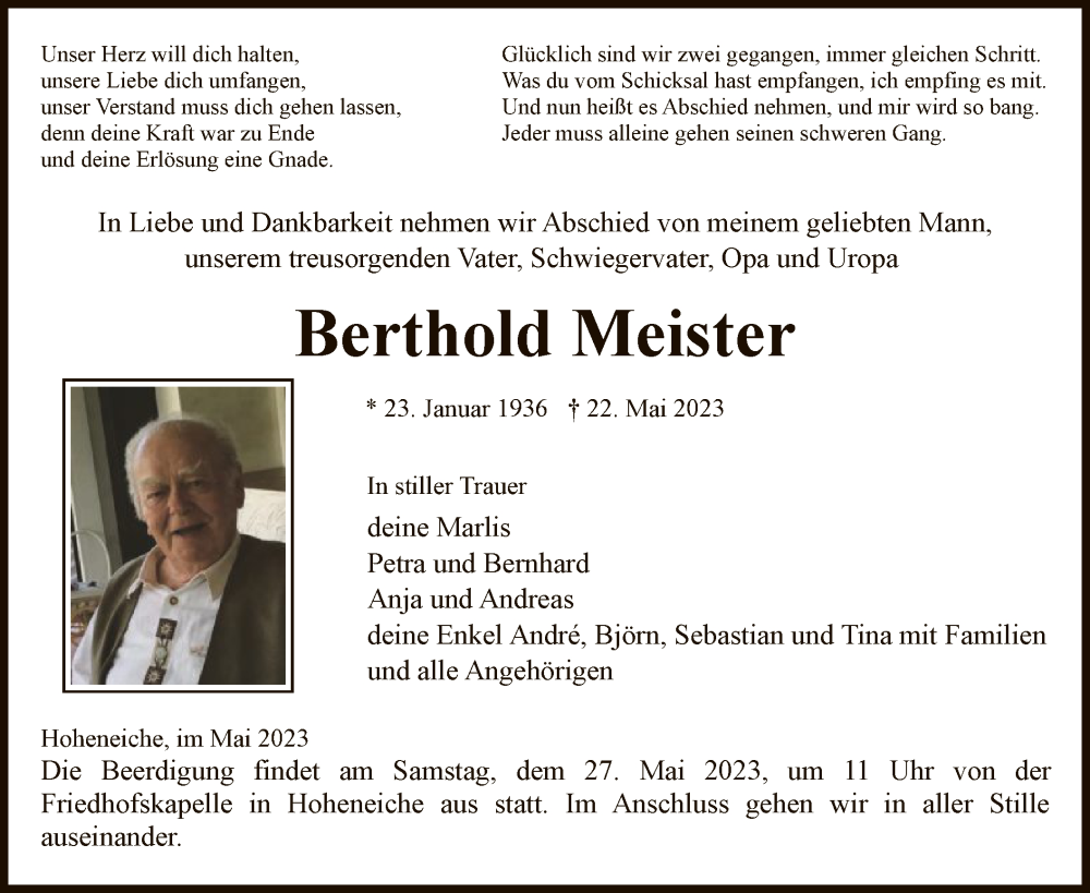  Traueranzeige für Berthold Meister vom 25.05.2023 aus WRS