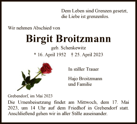 Traueranzeige von Birgit Broitzmann von WRS