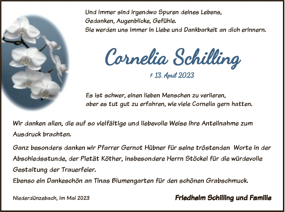  Traueranzeige für Cornelia Schilling vom 27.05.2023 aus WRS