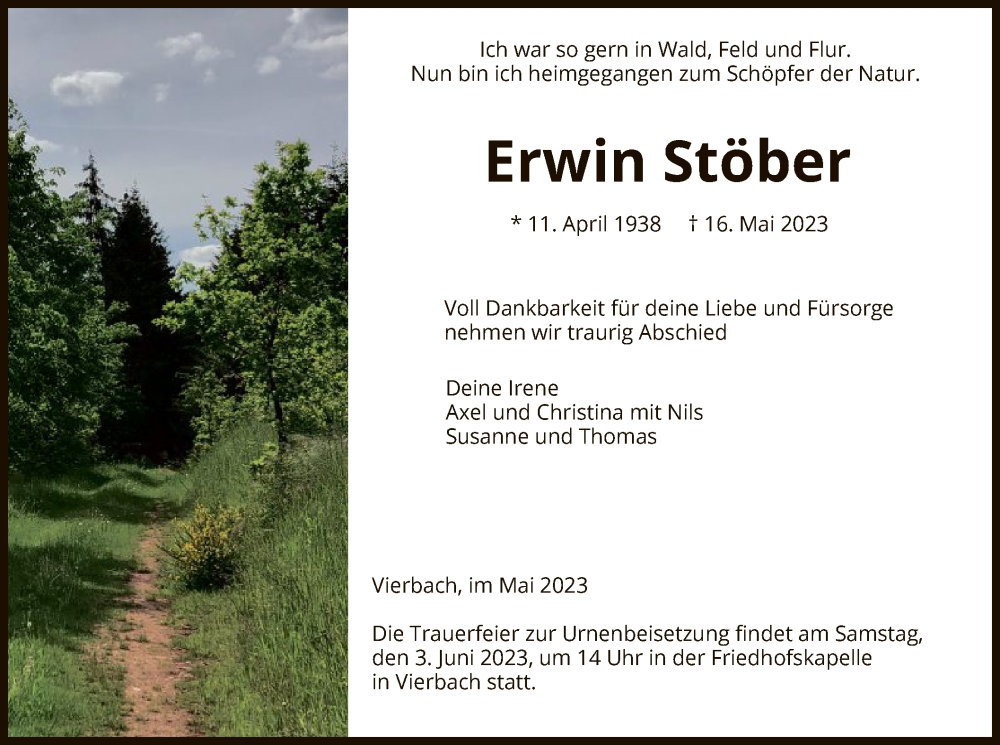 Traueranzeige für Erwin Stöber vom 30.05.2023 aus WRS