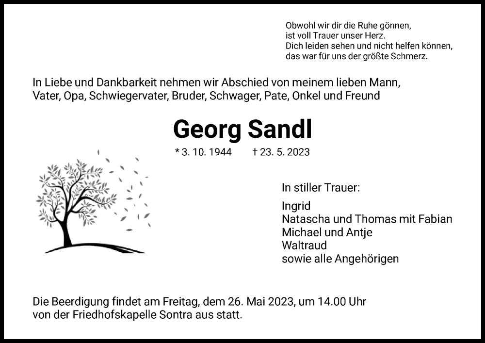  Traueranzeige für Georg Sandl vom 25.05.2023 aus WRS