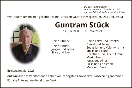 Traueranzeige von Guntram Stück von WRS