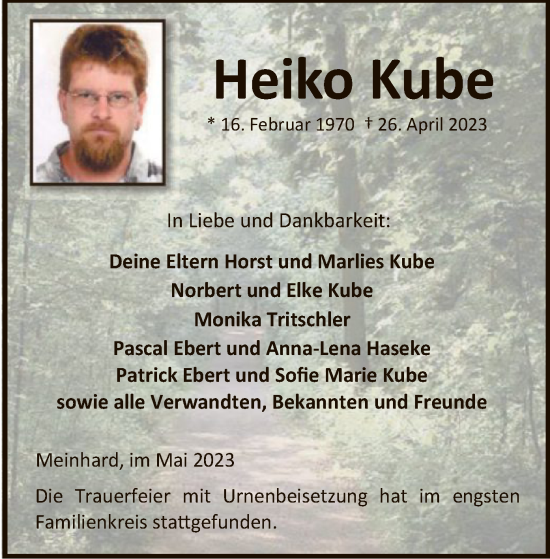 Traueranzeige von Heiko Kube von WRS