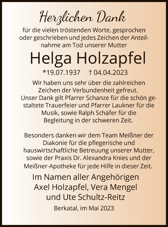 Traueranzeige von Helga Holzapfel von WRS