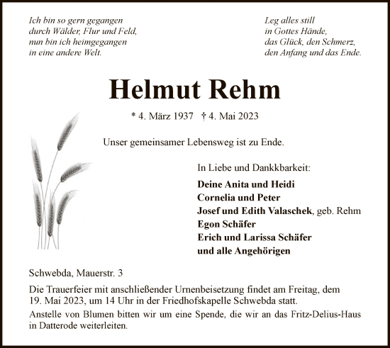 Traueranzeige von Helmut Rehm von WRS