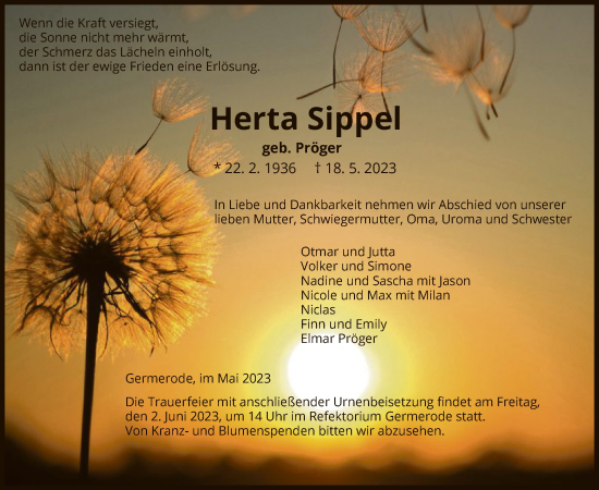 Traueranzeige von Herta Sippel von WRS