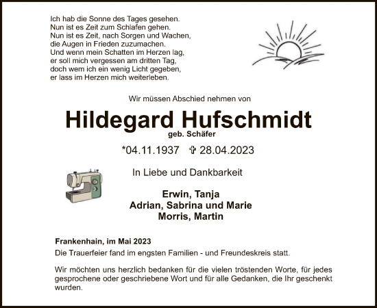 Traueranzeige von Hildegard Hufschmidt von WRS