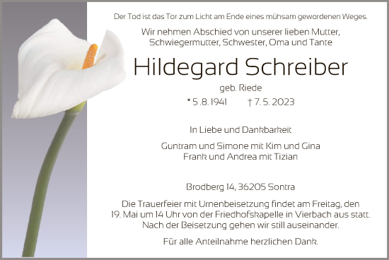 Traueranzeige von Hildegard Schreiber von HNA