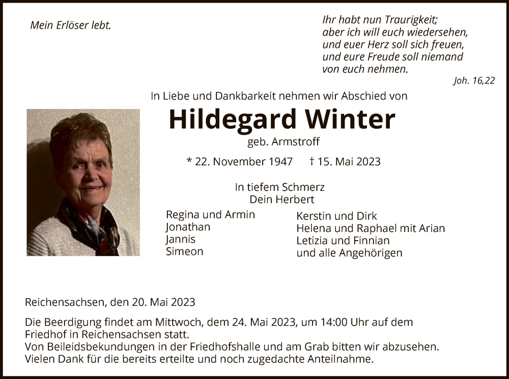  Traueranzeige für Hildegard Winter vom 20.05.2023 aus WRS
