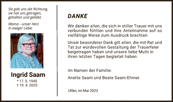 Traueranzeige von Ingrid Saam von WRS