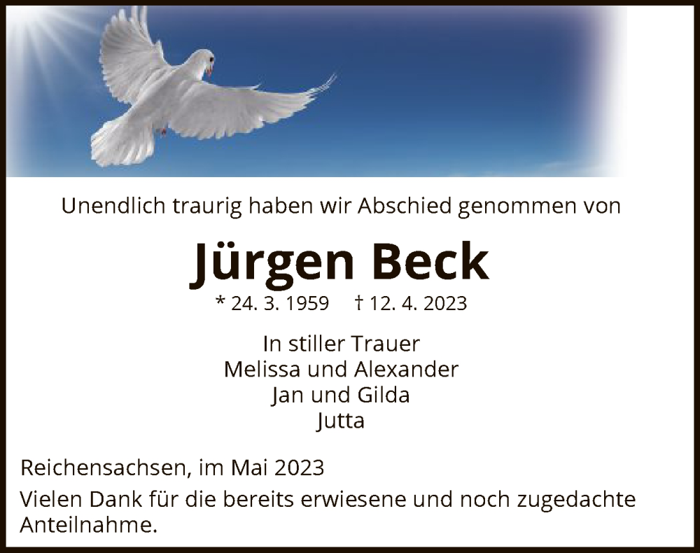  Traueranzeige für Jürgen Beck vom 12.05.2023 aus WRS