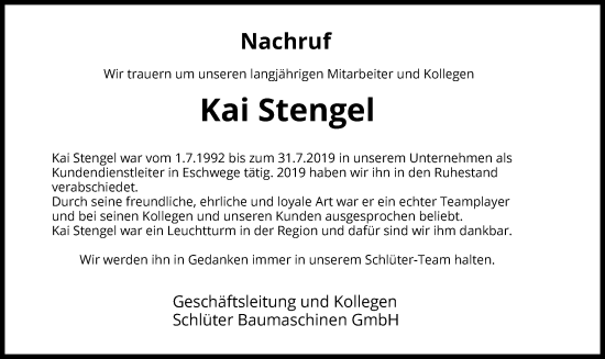 Traueranzeige von Kai Stengel von WRS