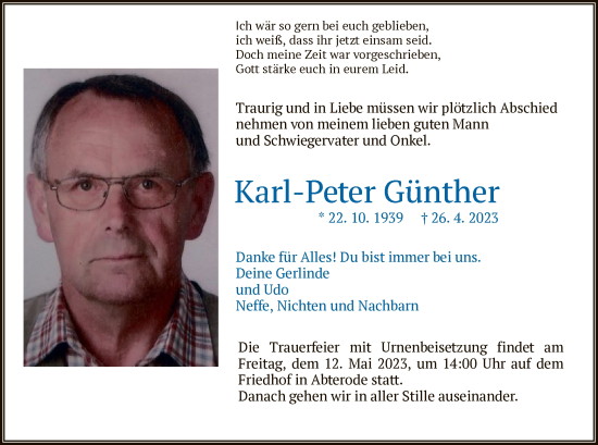 Traueranzeige von Karl-Peter Günther von WRS