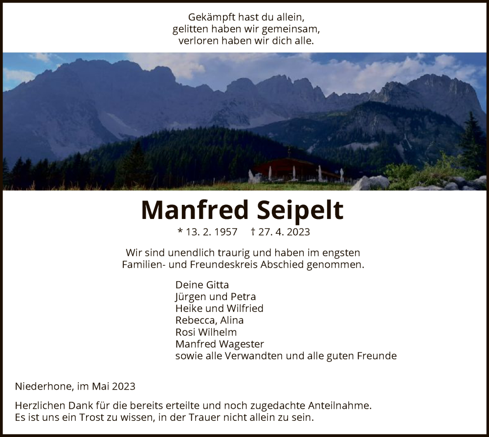 Traueranzeige für Manfred Seipelt vom 23.05.2023 aus WRS