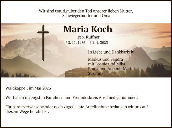 Traueranzeige von Maria Koch von WRS