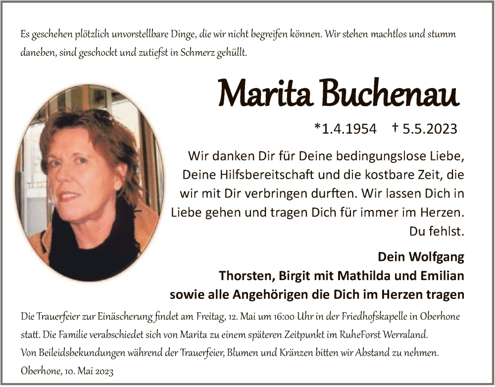  Traueranzeige für Marita Buchenau vom 10.05.2023 aus WRS