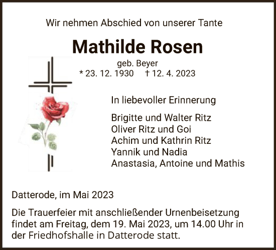 Traueranzeige von Mathilde Rosen von WRS