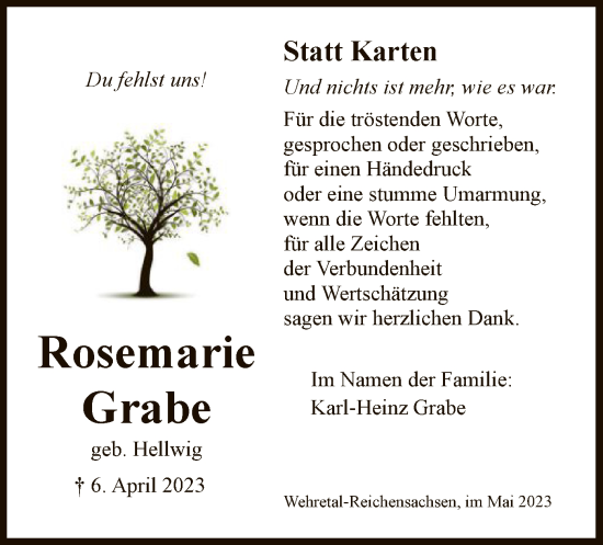 Traueranzeige von Rosemarie Grabe von WRS