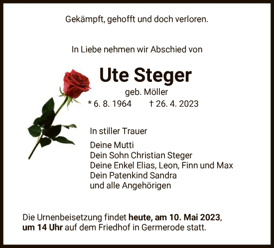 Traueranzeige von Ute Steger von WRS