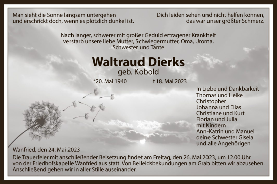Traueranzeige von Waltraud Dierks von WRS