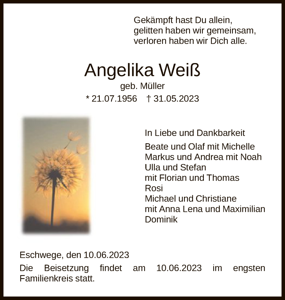  Traueranzeige für Angelika Weiß vom 10.06.2023 aus WRS