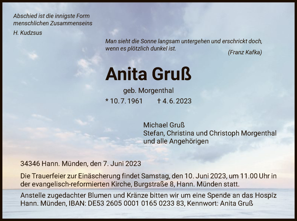  Traueranzeige für Anita Gruß vom 07.06.2023 aus HNA