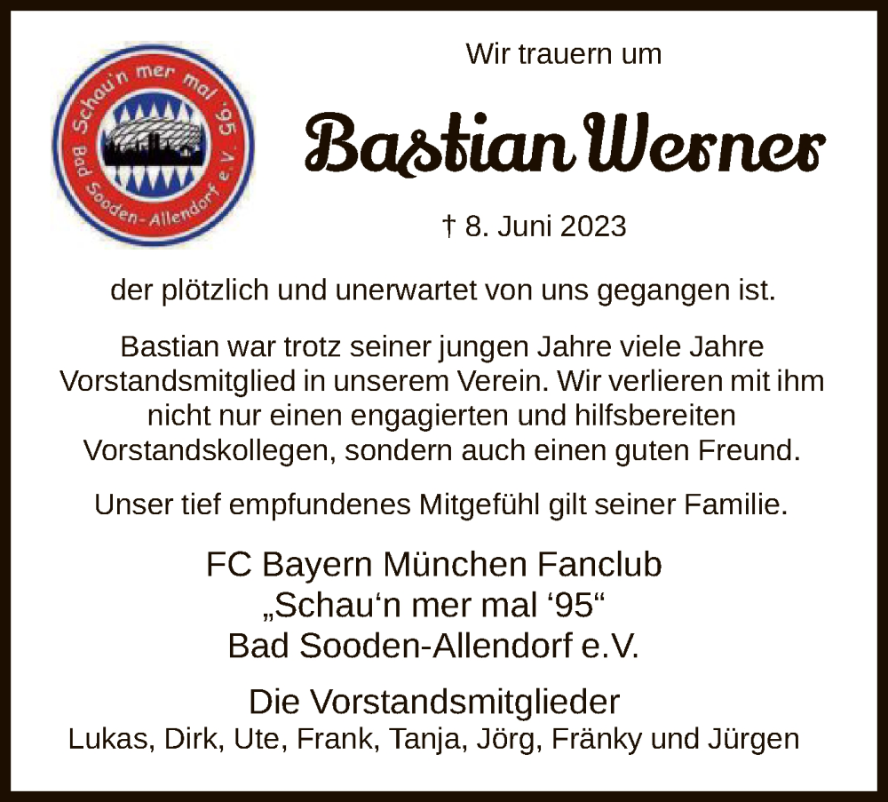  Traueranzeige für Bastian Werner vom 14.06.2023 aus HNA