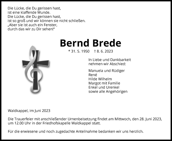 Traueranzeige von Bernd Brede von WRS