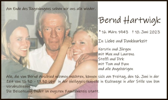 Traueranzeige von Bernd Hartwigk von WRS