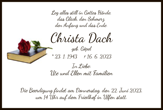 Traueranzeige von Christa Dach von WRS