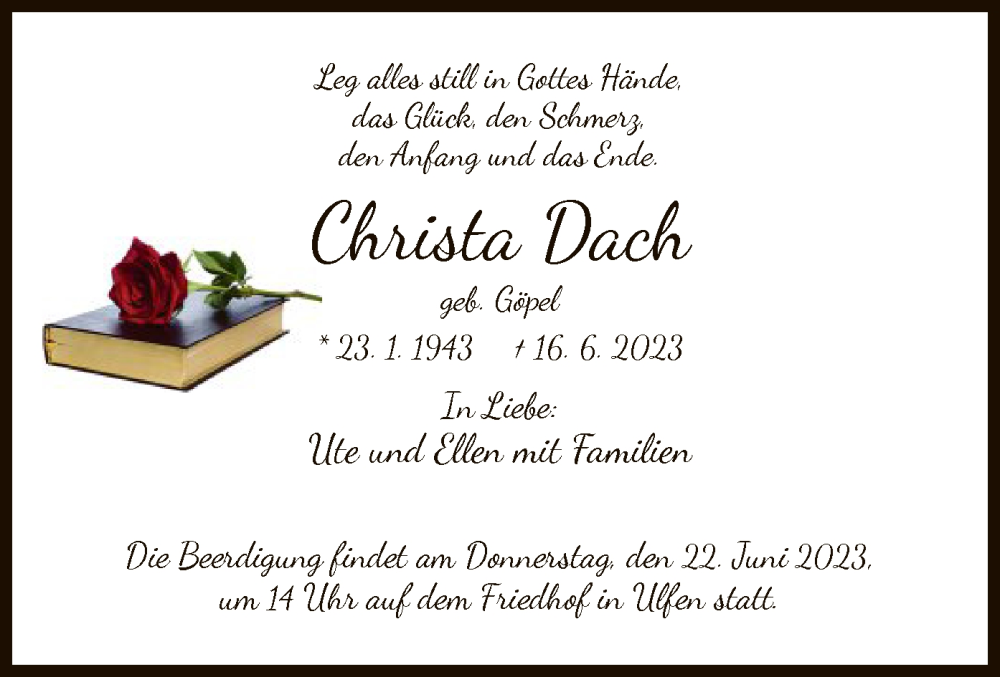  Traueranzeige für Christa Dach vom 20.06.2023 aus WRS