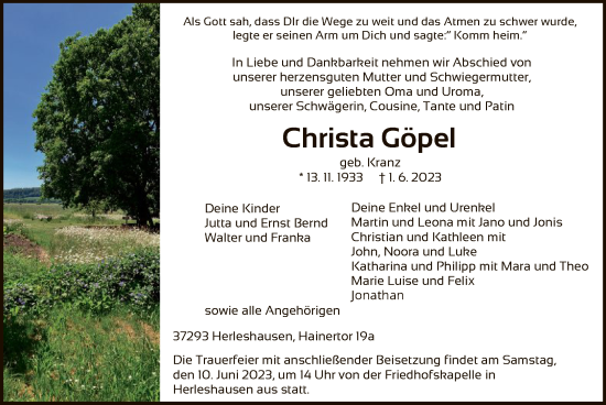 Traueranzeige von Christa Göpel von WRS