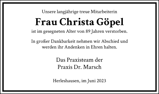 Traueranzeige von Christa Göpel von WRS