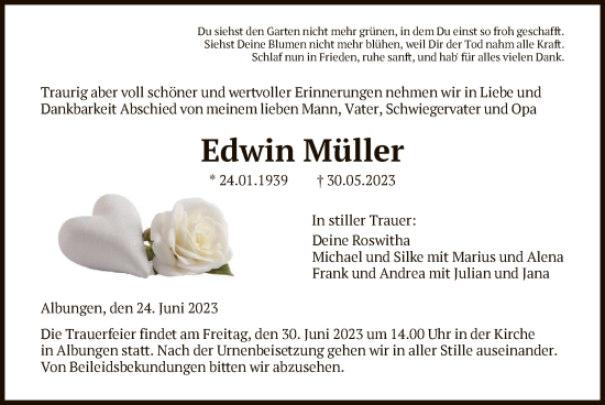 Traueranzeige von Edwin Müller von HNA