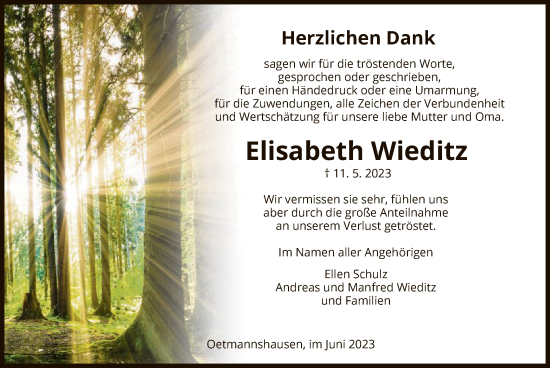 Traueranzeige von Elisabeth Wieditz von WRS