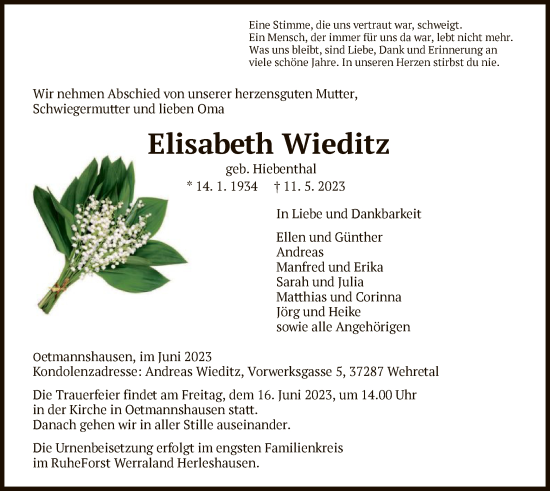 Traueranzeige von Elisabeth Wieditz von WRS