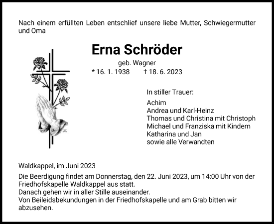 Traueranzeige von Erna Schröder von WRS