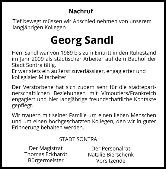 Traueranzeige von Georg Sandl von WRS