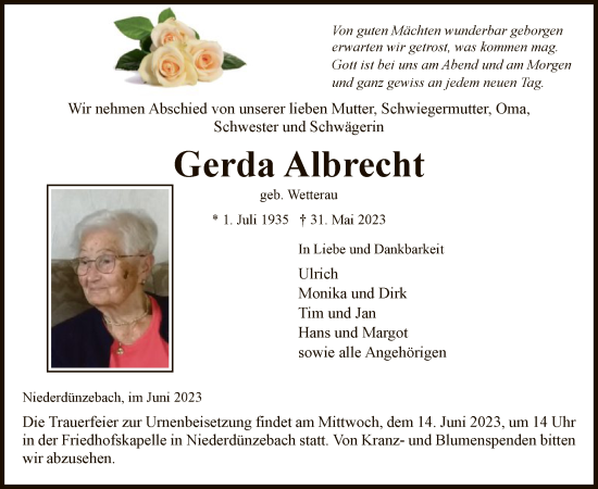 Traueranzeige von Gerda Albrecht von WRS