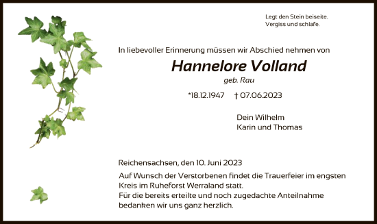 Traueranzeige von Hannelore Volland von WRS