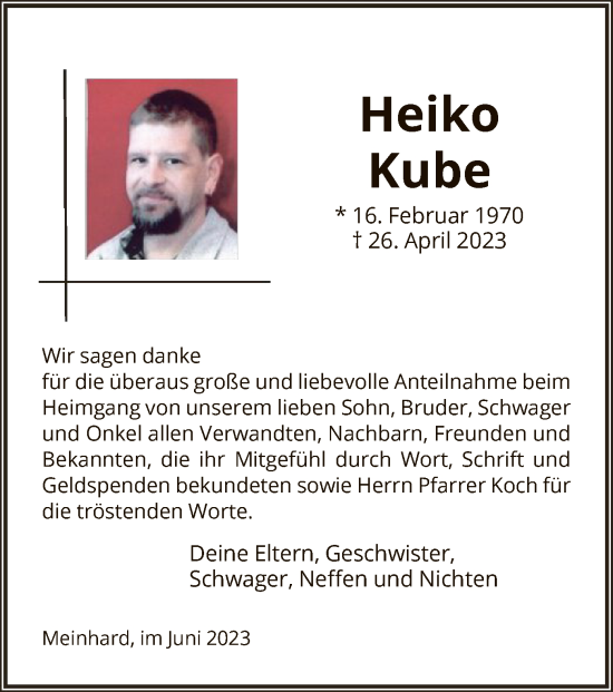 Traueranzeige von Heiko Kube von WRS